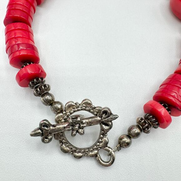 Chunky Red Dyed Bamboo Coral Toggle Clasp Bracelet Bali Style Beads Bohemian Big - Picture 5 of 10